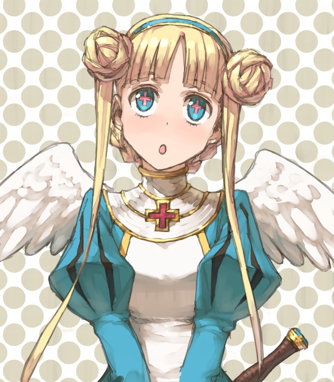+_+, 1girl, 5pb., :o, angel_wings, blue_eyes, cross, double_bun, eiyuu_senki, female_focus, hair_bun, hairband, jeanne_d'arc_(eiyuu_senki), shoe-ji, solo, twintails, wings