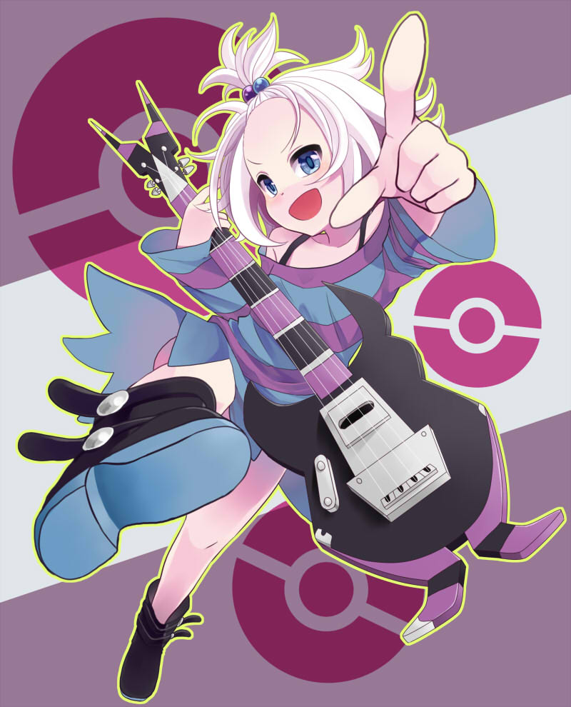 10s, 1girl, bad_id, bad_pixiv_id, bass_guitar, blue_eyes, boots, dress