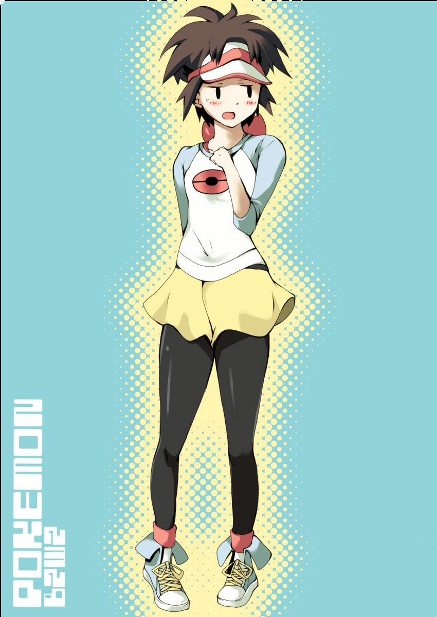 1boy, bad_id, bad_pixiv_id, black_eyes, blush, brown_hair, copyright_name, cosplay, crossdressing, crossdressing_(mtf), english_text, full_body, highres, male_focus, nate_(pokemon), nintendo, open_mouth, pantyhose, pantyhose_under_shorts, pokemon, pokemon_black_2_and_white_2, raglan_sleeves, rosa_(pokemon), rosa_(pokemon)_(cosplay), sahuyaiya, shoes, short_hair, shorts, simple_background, skirt, sneakers, solo, sweatdrop, trap, visor, visor_cap