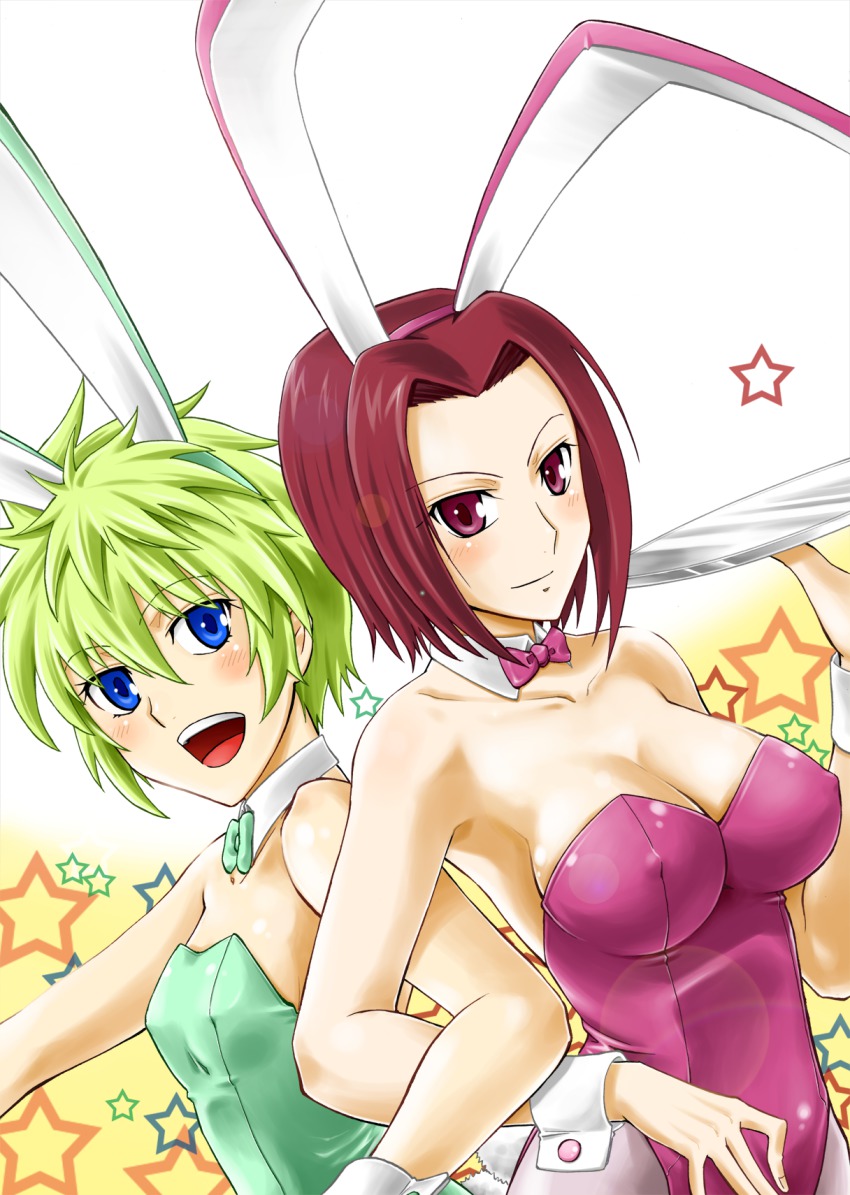2girls, :d, animal_ears, arm_hug, armpits, banpresto, bare_arms, bare_shoulders
