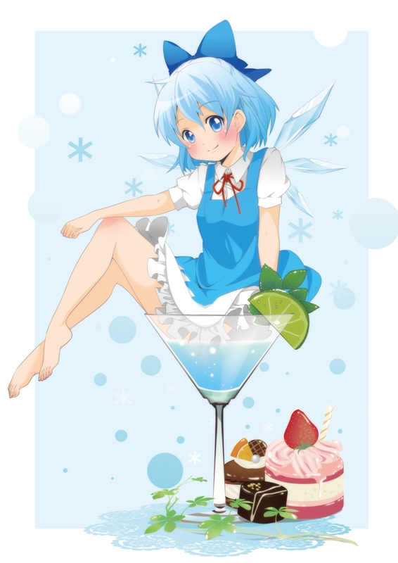1girl, bad_id, bad_pixiv_id, bare_legs, barefoot, berry_jou, blue_dress, blue_eyes, blue_hair, blue_skirt, blush, bow, cake, cirno, cocktail_glass, cup, dress, drinking_glass, female_focus, food, fruit, hair_bow, in_container, lemon, matching_hair/eyes, mini_person, minigirl, mundane_utility, shirt, short_hair, sitting, skirt, smile, solo, strawberry, touhou, wings
