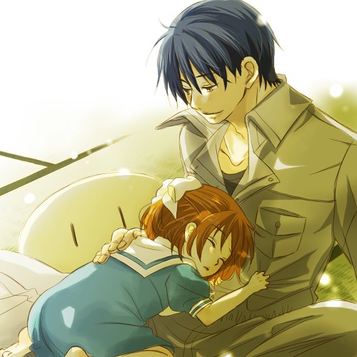 00s, age_difference, ayachu, blue_eyes, blue_hair, brown_hair, clannad, closed_eyes