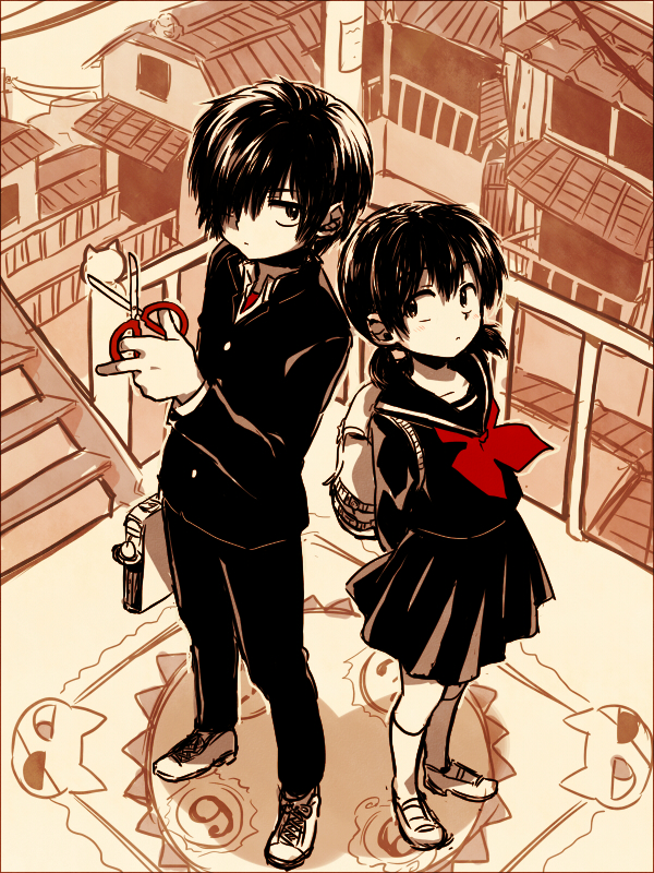1boy, 1girl, backpack, bag, black_hair, gakuran, genderswap, genderswap_(ftm)