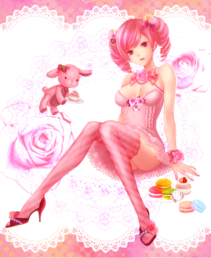 1girl, bad_id, bad_pixiv_id, bow, breasts, cleavage, drill_hair, female_focus, flower, food, fruit, hair_bow, high_heels, jinkei, macaron, macaroon, original, pink_theme, plate, rose, shoes, small_breasts, solo, strawberry, stuffed_animal, stuffed_toy, thighhighs, twin_drills, twintails, viceco03talis