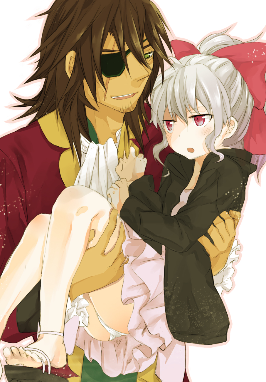 10s, 1boy, 1girl, aquarion_(series), aquarion_evol, barefoot, bow, brown_hair, ascot, crea_dorosera, eyepatch, facial_hair, feet, fudou_zen, hair_bow, highres, jitome, panties, pantyshot, ponytail, purple_eyes, ranyues, sandals, shoe_dangle, stubble, toes, underwear, white_hair, white_panties