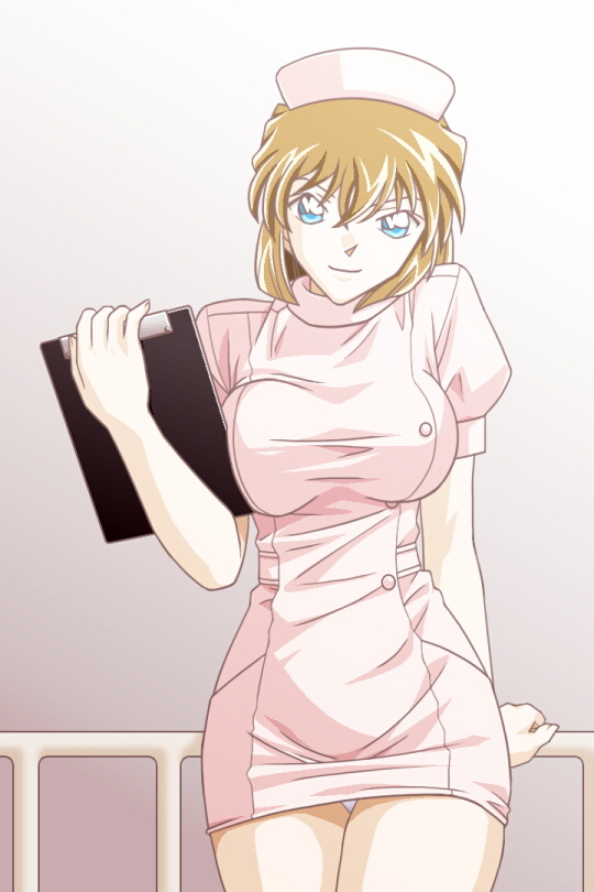 1girl, aged_up, blue_eyes, breasts, brown_hair, cowboy_shot, female_focus, haibara_ai, hat, holding, large_breasts, leaning, meitantei_conan, miyano_shiho, nurse, nurse_cap, panties, panty_peek, smile, solo, thigh_gap, underwear, white_panties