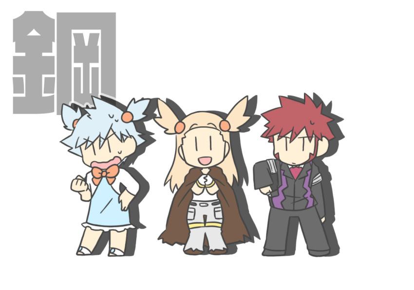 1girl, 2boys, brown_hair, byron_(pokemon), cosplay, costume_switch, grey_hair, gym_leader