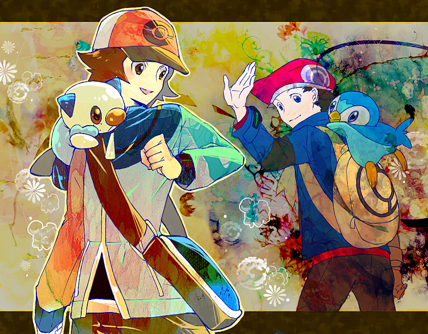 00s, 10s, 2boys, baseball_cap, black_hair, brown_hair, gen_4_pokemon, gen_5_pokemon