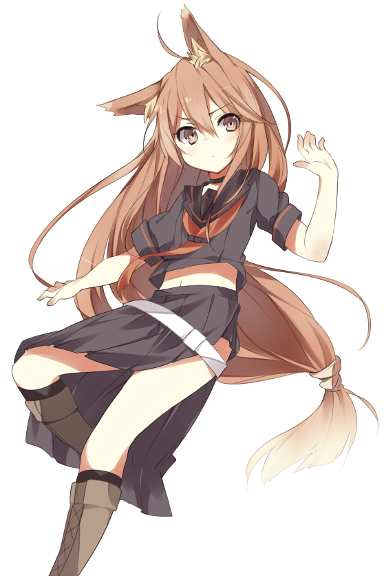 10s, 1girl, animal_ears, boots, brown_eyes, brown_hair, female_focus, kemonomimi_mode, koota_(rlet_loft), long_hair, midriff, navel, ookami-san, ookami_ryouko, porifonika, school_uniform, serafuku, side_slit, simple_background, solo, white_background, wolf_ears