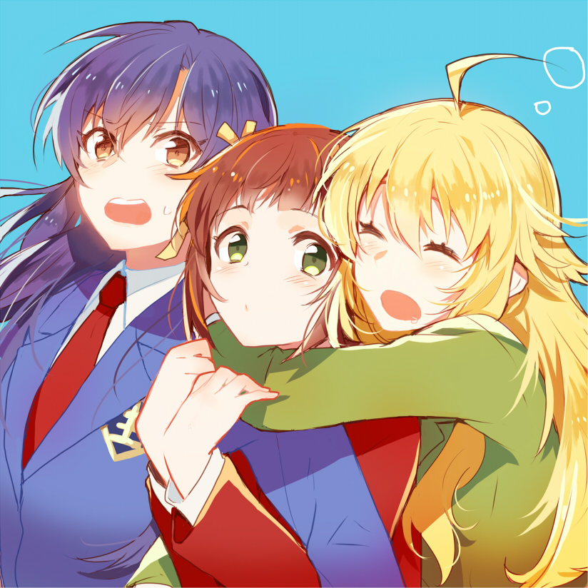 3girls, ahoge, amami_haruka, bad_id, bad_pixiv_id, blonde_hair, blue_hair, blush