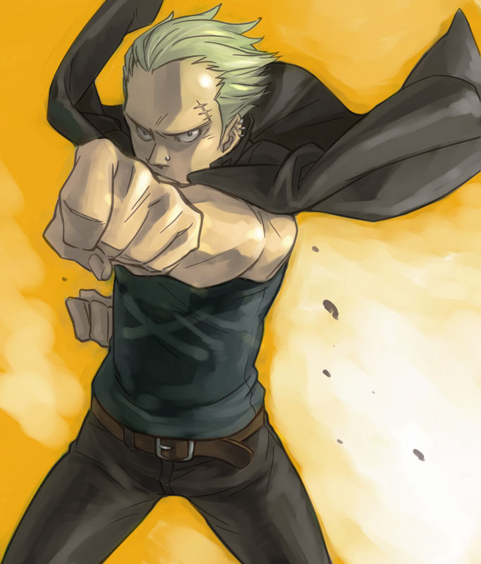 1boy, atlus, belt, blonde_hair, clenched_hand, clenched_hands, ear_piercing, earrings