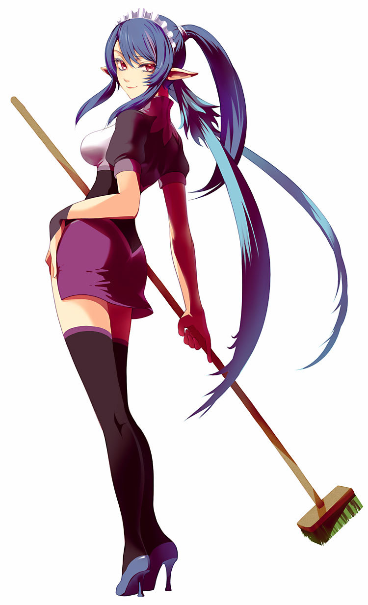 00s, 1girl, alternate_costume, blue_hair, breasts, broom, elf, enmaided, female_focus, fingerless_gloves, full_body, gloves, hand_on_own_hip, high_heels, highres, hip_focus, ichihashi_makoto, impossible_clothes, impossible_shirt, judith_(glamorous_maid)_(tales), judith_(tales), large_breasts, legs, looking_back, maid, maid_headdress, miniskirt, official_alternate_costume, pencil_skirt, pointy_ears, ponytail, red_eyes, shirt, shoes, skirt, solo, tales_of_(series), tales_of_vesperia, thighhighs, white_background, zettai_ryouiki