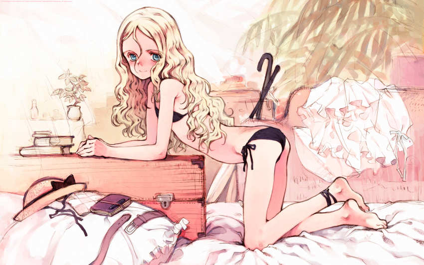 1girl, barefoot, bent_over, bikini, blonde_hair, blue_eyes, female_focus, fianna_mellowa, flat_chest, hair_between_eyes, highres, legs, littlewitch, long_hair, long_legs, ooyari_ashito, shoujo_mahou_gaku_littlewitch_romanesque, side-tie_bikini_bottom, smile, solo, string_bikini, swimsuit, thighs, wavy_hair