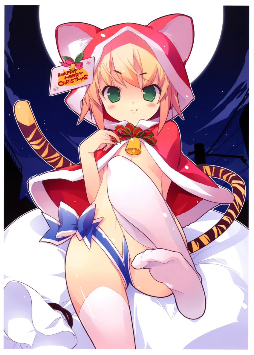 1girl, absurdres, animal_hat, animal_hood, blonde_hair, blush, capelet, christmas, fang, fang_out, feet, female_focus, flat_chest, from_below, full_moon, green_eyes, hat, highres, hood, kotamaru_(pajama_soft), looking_at_viewer, moon, naked_ribbon, night, original, ribbon, sack, short_hair, sky, smile, solo, star_(sky), tail, thighhighs, tiger_tail, white_thighhighs