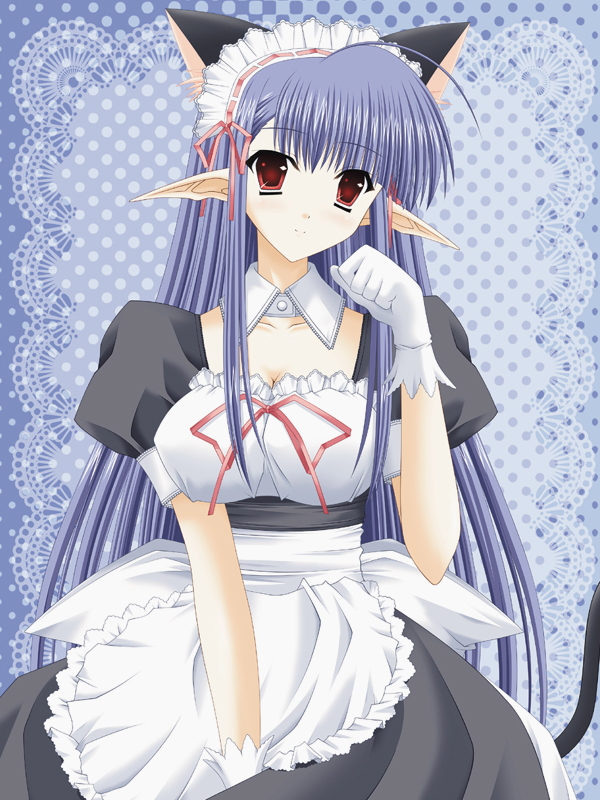 00s, 1girl, animal_ears, bad_id, bad_pixiv_id, blue_hair, breasts, cat_ears, cat_tail, cleavage, female_focus, kagura_ittou, maid, medium_breasts, mekeke, nerine, paw_pose, pointy_ears, red_eyes, shuffle!, solo, tail