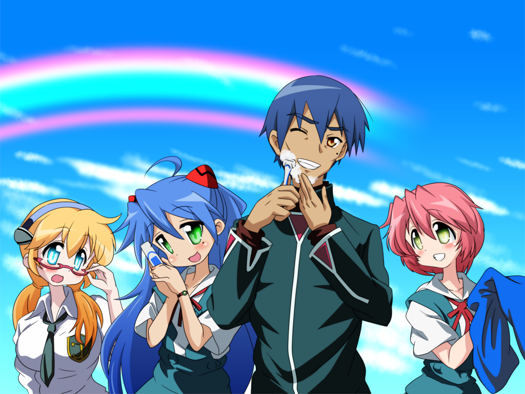 1boy, 3girls, age_difference, ayanami_rei_(cosplay), bad_id, bad_pixiv_id, cosplay, derivative_work, evangelion:_2.0_you_can_(not)_advance, father_and_child, father_and_daughter, glasses, ikari_gendou, ikari_gendou_(cosplay), izumi_konata, izumi_soujirou, kaji_ryoji_(cosplay), kaji_ryouji, kaji_ryouji_(cosplay), kobayakawa_yutaka, lucky_star, makinami_mari_illustrious, makinami_mari_illustrious_(cosplay), mizushima_(p201112), mole, mole_under_eye, multiple_girls, neon_genesis_evangelion, parent_and_child, parody, patricia_martin, rainbow, razor, rebuild_of_evangelion, safety_razor, school_uniform, shaving, shaving_cream, souryuu_asuka_langley_(cosplay), tokyo-3_middle_school_uniform