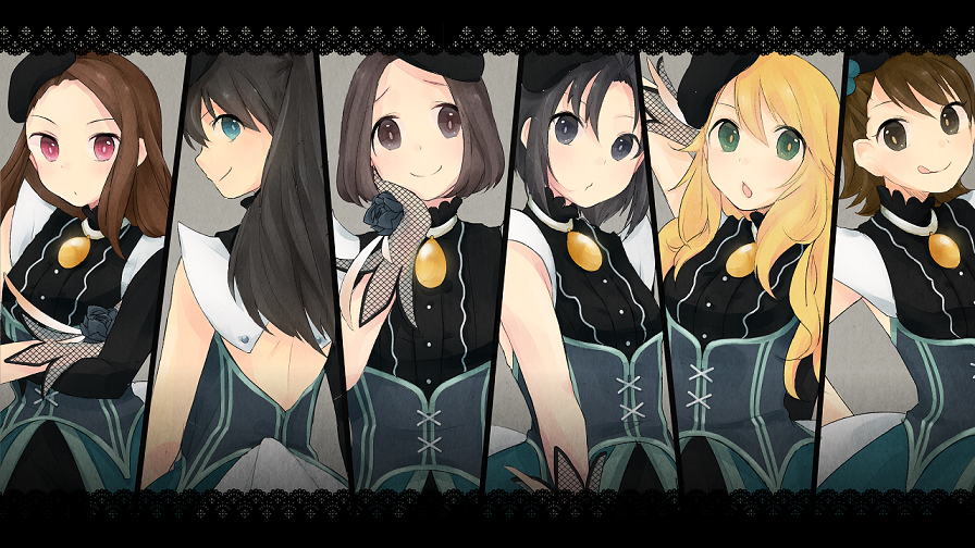 6+girls, bad_id, bad_pixiv_id, beret, black_eyes, blonde_hair, blue_eyes, brown_eyes