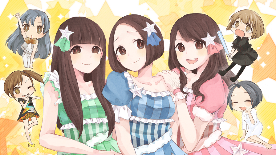 6+girls, :d, a~chan, bad_id, bad_pixiv_id, blue_hair, brown_eyes, brown_hair