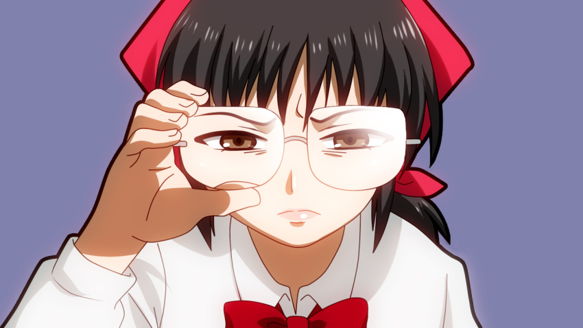 1girl, adjusting_eyewear, bandana, billie, black_hair, brown_eyes, danshi_koukousei_no_nichijou, female_focus, glasses, joshi_kousei, nago-san_(danshi_koukousei), parody, ribbon, solo