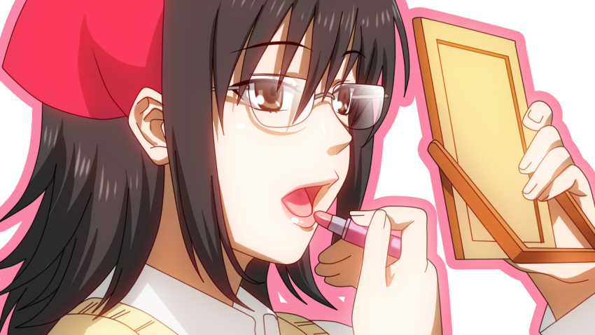 1girl, applying_lipstick, applying_makeup, applying_own_makeup, bandana, billie, black_hair, brown_eyes, cosmetics, danshi_koukousei_no_nichijou, female_focus, glasses, joshi_kousei, lipstick, lipstick_tube, looking_at_mirror, makeup, mirror, nago-san_(danshi_koukousei), nago_(danshi_koukousei), parody, solo