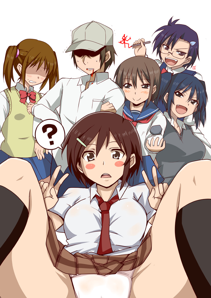 1boy, 5girls, ?, aoi_manabu, baseball_cap, black_hair, blood, blue_hair, blush, blush_stickers, bow, bowtie, brown_hair, d:, danshi_koukousei_no_nichijou, double_v, fang, glasses, habara_(danshi_koukousei), hair_ornament, hairpin, hat, ikushima_(danshi_koukousei), karasawa_toshiyuki, multiple_girls, open_mouth, panties, pantyshot, ringo-chan_(danshi_koukousei), rock, school_uniform, serafuku, short_hair, short_twintails, skirt, sweater_vest, tadakuni's_little_sister, twintails, underwear, v, white_panties, yanagin_(danshi_koukousei)