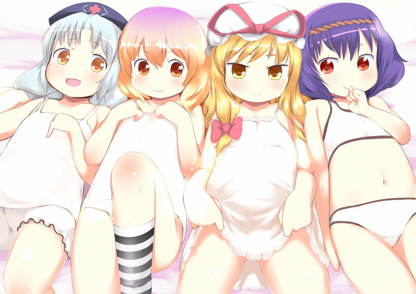4girls, aged_down, apron, apron_lift, bare_shoulders, bikini, blonde_hair, blush, bow, bra, brown_eyes, brown_hair, child, clothes_lift, female_focus, finger_to_mouth, gigokku, gradient_hair, hair_bow, hat, headband, hijiri_byakuren, lingerie, long_hair, lying, multicolored_hair, multiple_girls, negligee, nurse_cap, old_maid_alliance_(touhou), on_back, open_mouth, panties, purple_hair, red_eyes, short_hair, silver_hair, smile, socks, striped_clothes, striped_legwear, striped_socks, swimsuit, touhou, underwear, underwear_only, white_bra, white_panties, yagokoro_eirin, yakumo_yukari, yakumo_yukari_(young), yasaka_kanako, yellow_eyes