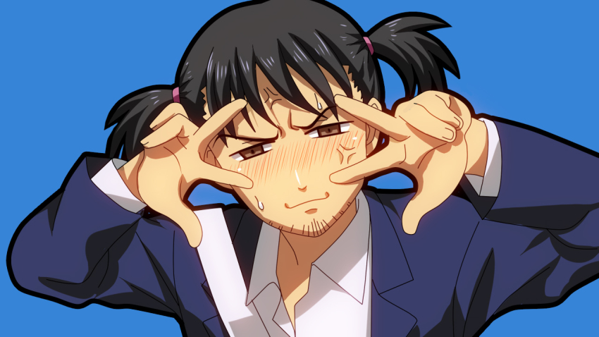 billie, black_hair, blush, brown_eyes, danshi_koukousei_no_nichijou, double_v, facial_hair, joshi_kousei