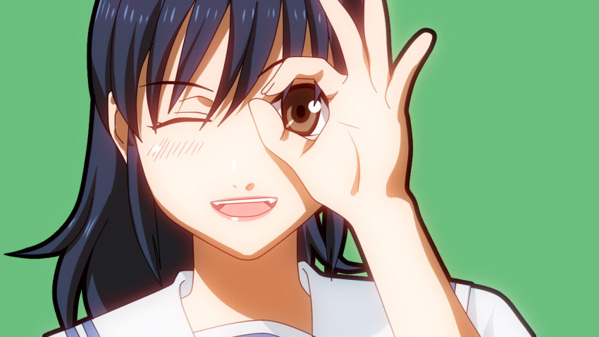 1girl, billie, blue_hair, brown_eyes, danshi_koukousei_no_nichijou, hokuro_shoujo, joshi_kousei, long_hair, parody, school_uniform, serafuku, smile, wink