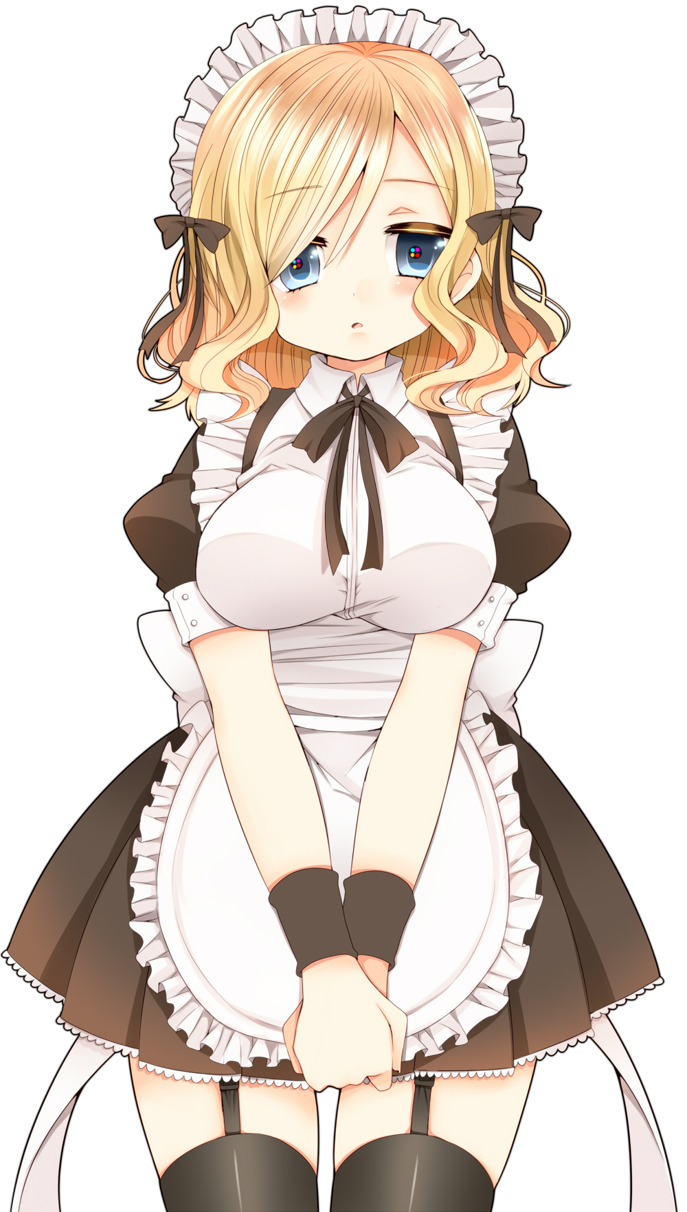 10s, 1boy, apron, black_thighhighs, blonde_hair, blue_eyes, blush, bow, breast_padding, breasts, crossdressing, crossdressing_(mtf), garter_straps, hair_bow, highres, himegoto, himegoto_(manga), large_breasts, maid, maid_apron, maid_headdress, male_focus, male_maid, open_mouth, own_hands_together, ribbon, short_hair, solo, thighhighs, toyotomi_hiro, trap, tsukudani_norio, wristband