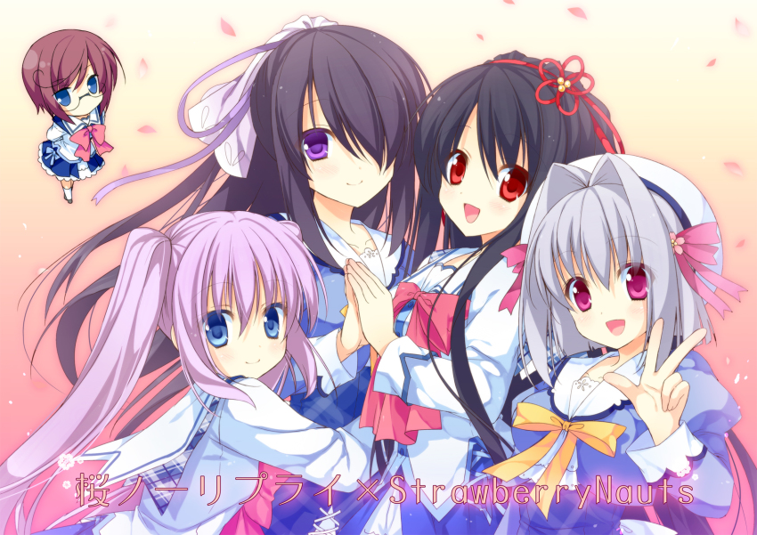 5girls, :d, blue_eyes, chibi, crossover, everyone, glasses, hair_intakes
