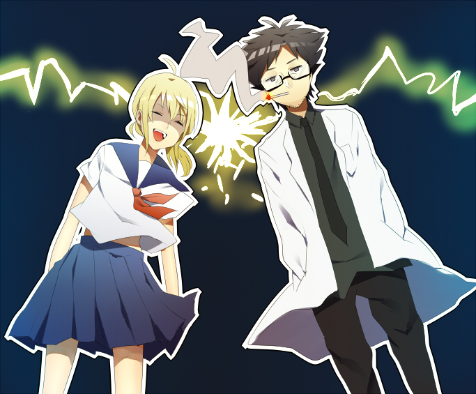 1boy, 1girl, ahoge, alternate_costume, artoria_pendragon_(fate), bad_id, bad_pixiv_id, bespectacled