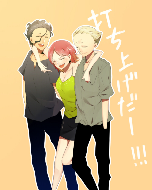 1girl, 2boys, ahoge, bad_id, bad_pixiv_id, black_hair, blonde_hair, casual