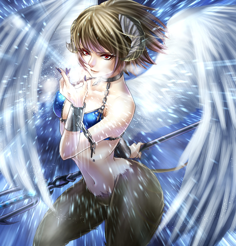 1girl, brown_hair, chain, character_request, choker, cuffs, fujimoto_kishino, horns