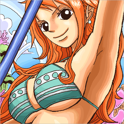1girl, armpits, bikini, bikini_top_only, black_eyes, breasts, clima-tact, closed_mouth, earrings, female_focus, fishman_island, green_bikini, jewelry, kiyu_(zuyu), large_breasts, long_hair, lowres, nami_(one_piece), nami_(one_piece)_(return_to_sabaody), one_piece, orange_hair, smile, solo, staff, strap_gap, striped_bikini, striped_clothes, swimsuit, underboob