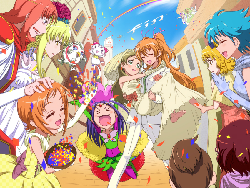 >_<, 10s, 4boys, 6+girls, aphrodite_(precure), barefoot, baritone, baritone_(precure)