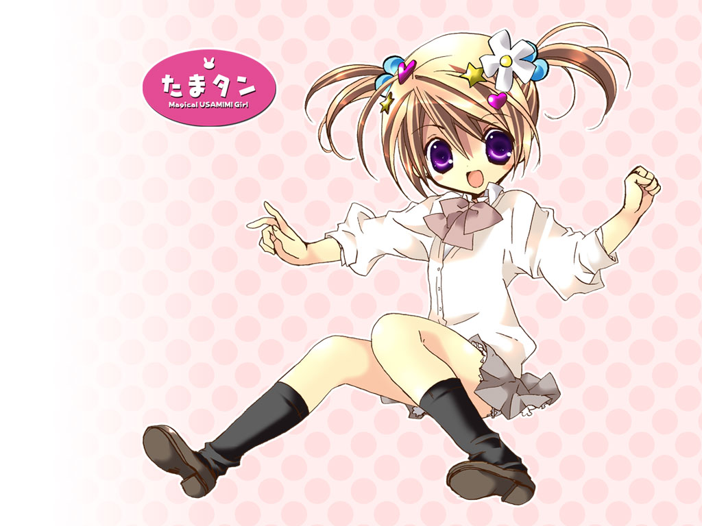 1girl, :d, animal_ears, bad_id, bad_pixiv_id, blonde_hair, blush, brown_hair, doki_doki!_tama-tan, earrings, female_focus, flower, full_body, gradient_background, hair_bobbles, hair_flower, hair_ornament, hairclip, heart, heart_hair_ornament, jewelry, koge_donbo, looking_at_viewer, magical_usamimi_girl, open_mouth, polka_dot, polka_dot_background, purple_eyes, rabbit_ears, short_twintails, smile, socks, solo, star_(symbol), star_hair_ornament, tama-tan, twintails, wand