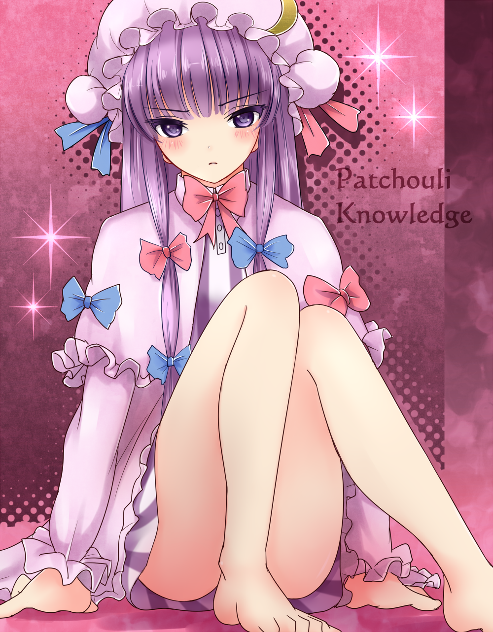 1girl, bare_legs, barefoot, bow, bowtie, capelet, character_name, convenient_leg