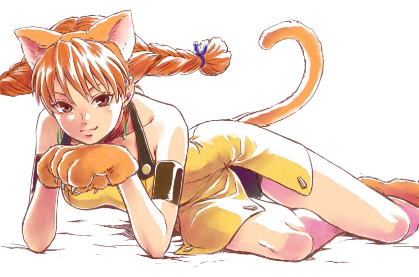 1girl, aika_(eternal_arcadia), animal_ears, animal_hands, bad_id, bad_pixiv_id, cat_ears, cat_paws, cat_tail, earrings, eternal_arcadia, hair_ribbon, jewelry, kyotuka, long_hair, lying, naughty_face, orange_hair, ribbon, simple_background, tail, twintails