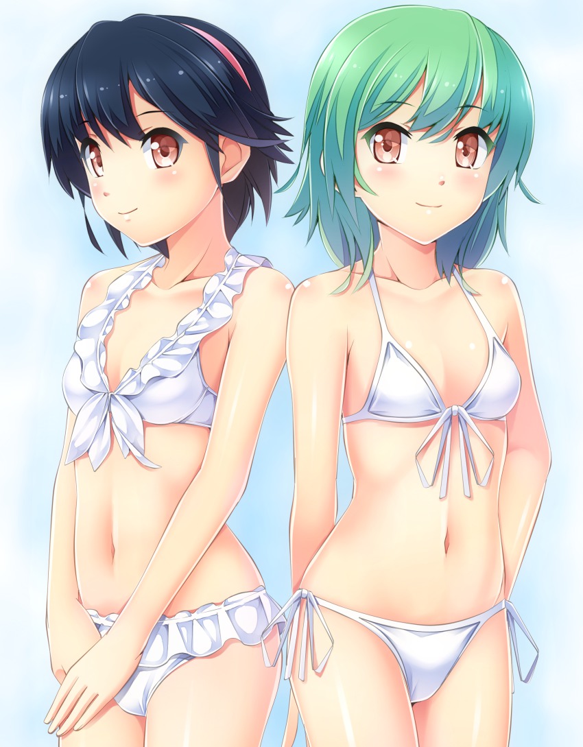 2girls, absurdres, bad_id, bad_pixiv_id, bikini, black_hair, brown_eyes, frilled_bikini