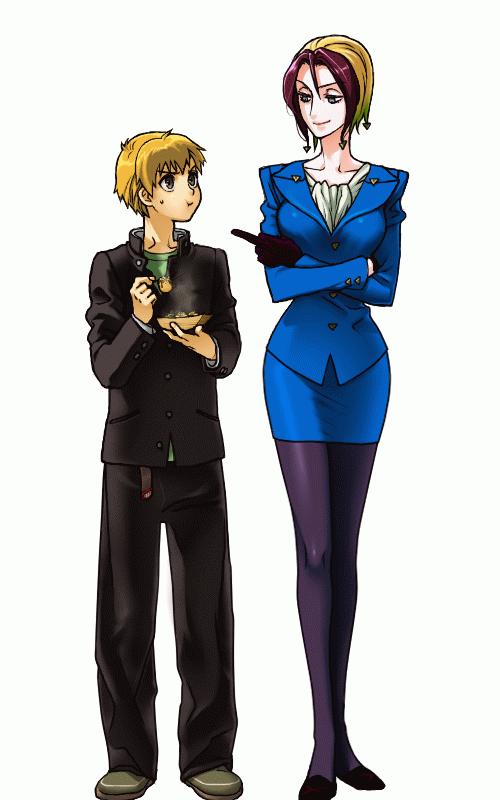 00s, 1boy, 1girl, angry, bad_id, bad_pixiv_id, blonde_hair, business_suit