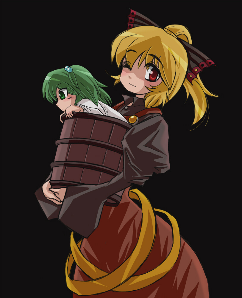 2girls, black_background, blonde_hair, bow, brown_dress, bucket, carrying, dress