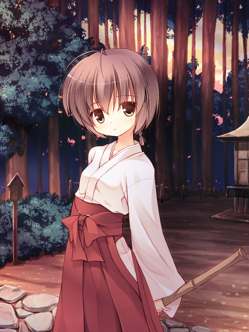 1girl, amatsume_akira, broom, brown_eyes, brown_hair, cuffs_(company), female_focus, forest
