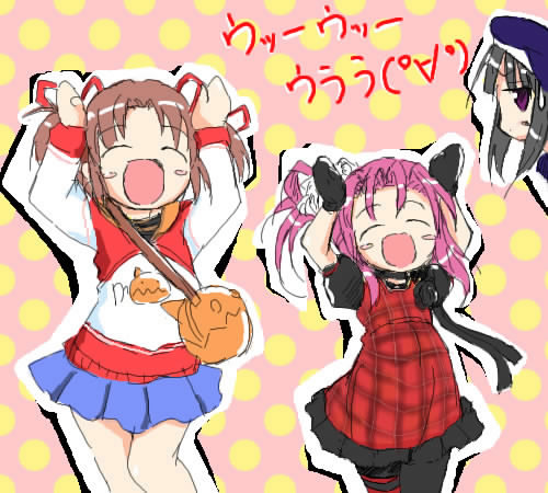 3girls, amatsuka_nijiko, amatsuka_urara, amatsuka_yuuna, arms_up, baby_princess, bag, beret