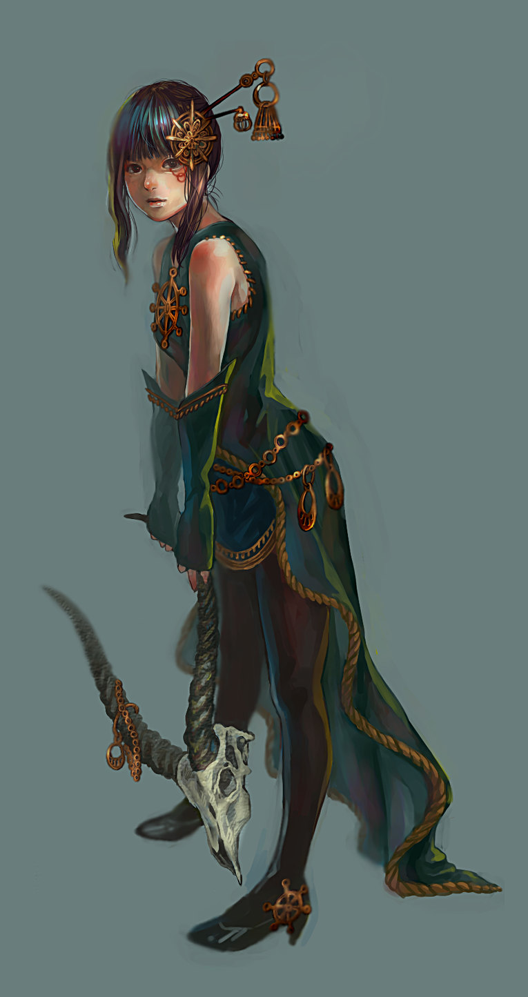 1girl, belt, black_eyes, dress, elbow_gloves, facial_tattoo, female_focus, fingerless_gloves