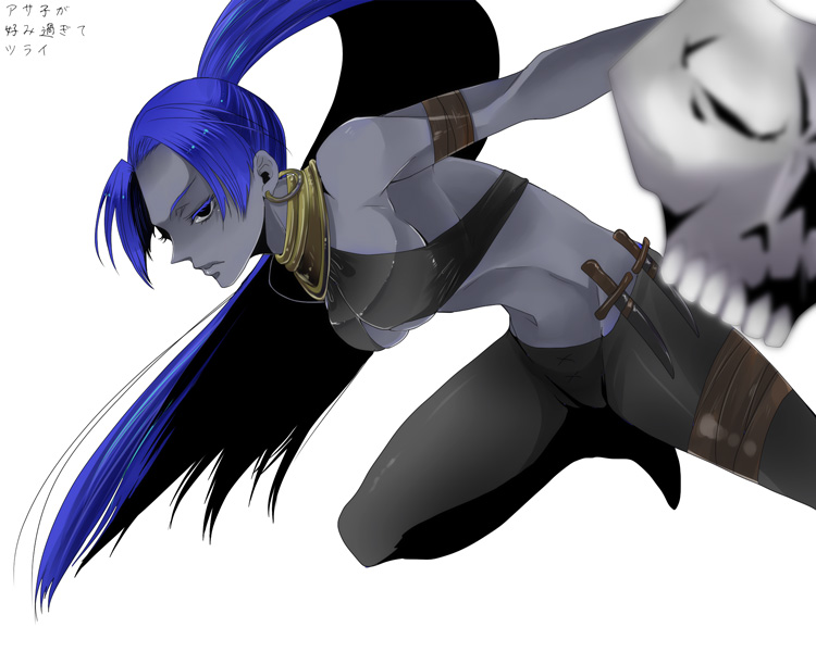 1girl, assassin_(fate/zero), black_eyes, black_skin, colored_eyelashes, colored_skin, dark-skinned_female, dark_skin, earrings, fate/zero, fate_(series), female_assassin_(fate/zero), female_focus, fu_yukari, hoop_earrings, jewelry, knife, long_hair, mask, ponytail, solo, unworn_mask