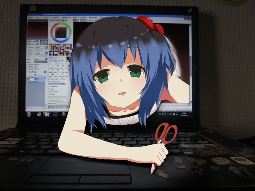 1boy, androgynous, bad_deviantart_id, bad_id, blood, blue_hair, computer, crawling, crossdressing, crossdressing_(mtf), desubunny, empty_eyes, green_eyes, kiki_(tsunya), laptop, looking_at_viewer, male_focus, male_yandere, painttool_sai, ryoune_yami, saru_to_yami, scissors, smile, solo, through_medium, through_screen, trap, utau, yandere