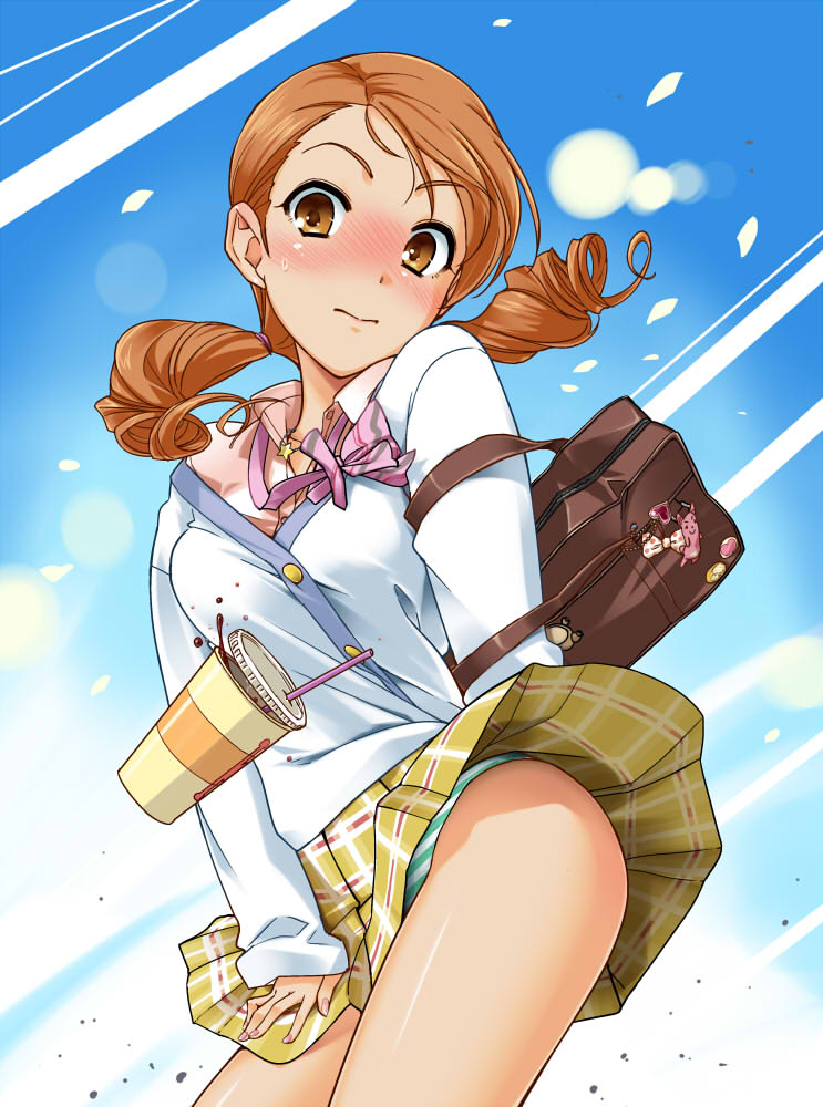 10s, 1girl, bag, blush, brown_eyes, cardigan, drink, female_focus, hojo_karen, idolmaster, idolmaster_cinderella_girls, long_hair, orange_hair, panties, pantyshot, plaid_clothes, plaid_skirt, school_bag, school_uniform, skirt, solo, striped_clothes, striped_panties, t-hiko, twintails, underwear, upskirt, wind, wind_lift