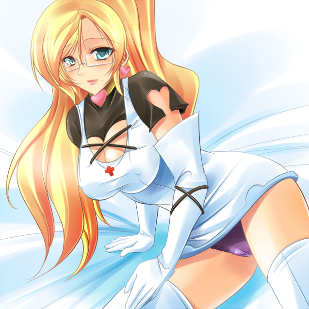 1girl, blonde_hair, breasts, cleavage, doki_doki_majo_shinpan, female_focus, glasses, green_eyes, large_breasts, long_hair, maki_(seventh_heaven_maxion), mole, nurse, panties, seiya_eve, solo, thighhighs, underwear