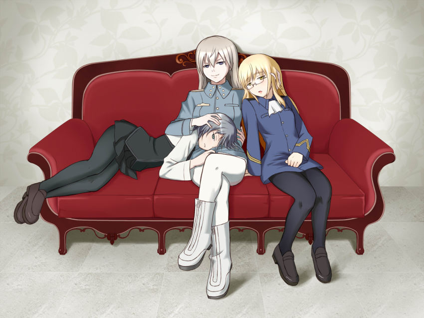 3girls, ascot, black_legwear, blonde_hair, blue_eyes, boots, couch, eila_ilmatar_juutilainen, glasses, green_eyes, grey_hair, headpat, highres, lap_pillow, lying, military, military_uniform, mingo_(min5san), multiple_girls, pantyhose, perrine_h._clostermann, pimp, purple_eyes, sanya_v._litvyak, sitting, smile, strike_witches, white_legwear, world_witches_series, yellow_eyes, yuri, zipper