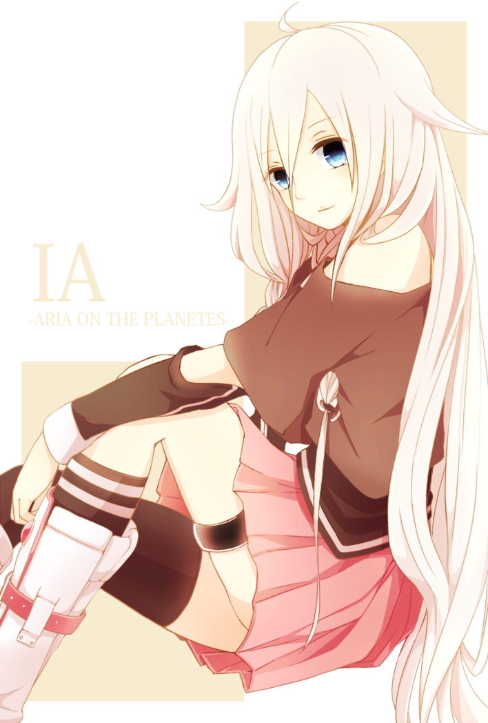 1girl, ahoge, asaym7, asymmetrical_legwear, bad_id, bad_pixiv_id, bare_shoulders, blue_eyes, boots, braid, chizuru_(ambient), female_focus, ia_(vocaloid), long_hair, mismatched_legwear, off_shoulder, pink_hair, single_thighhigh, sitting, skirt, smile, solo, thigh_strap, thighhighs, twin_braids, uneven_legwear, very_long_hair, vocaloid
